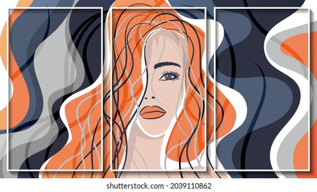 Impressionist portrait of a woman. Art triptych. Three vector images in white thin frames. Wavy stripes, flowing shapes and contours. author's work.