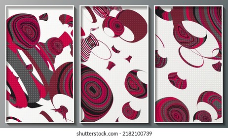 Impressionist triptych. Abstract shapes in black and scarlet colors are randomly arranged on a white background. Three images in white thin frames. Imitation canvas. Vector.