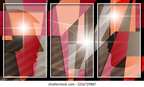 Impressionist triptych in warm colors. Flashes of light, intertwining smooth lines against the backdrop of overlapping polygonal shapes, silhouetted faces and mixing colors. Vector.