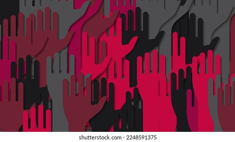 Impressionistic background in red-black-gray tones. Overlapping multicolored hands. 3D effect. Template for your projects. Vector.