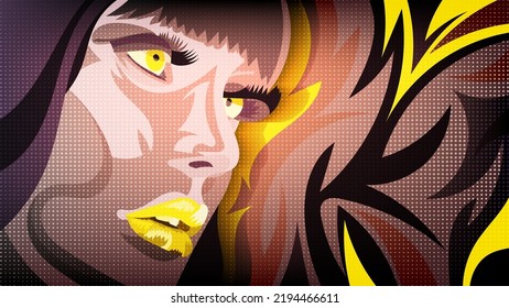 Impressionistic female portrait in yellow, beige, purple tones. Canvas imitation. Author's drawing. Vector.