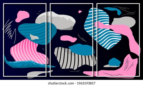 impressionistic mural of three images in white frames. overlapping gray, pink, blue striped abstract shapes, broken lines, strokes on a black background. vector 