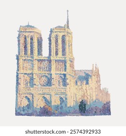 Impressionistic painting of Notre-Dame Cathedral, showcasing its iconic towers and Gothic architecture in soft pastel hues, capturing its historic charm. Isolated vintage vector element.