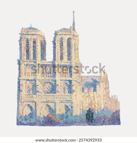 Impressionistic painting of Notre-Dame Cathedral, showcasing its iconic towers and Gothic architecture in soft pastel hues, capturing its historic charm. Isolated vintage vector element.