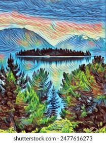 An impressionistic painting of a serene lake surrounded by evergreen trees. An island with tall trees in the middle of the lake, reflecting the colorful sunset sky with mountains in the background.