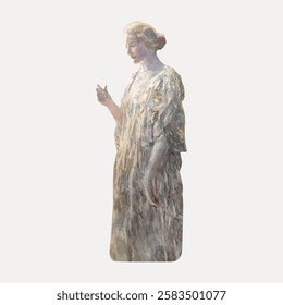 Impressionistic painting of a woman in a flowing dress, standing and holding an object. The artwork captures a serene and contemplative mood. Vintage woman illustration isolated on white, vector.