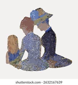 Impressionist-style painting of three figures sitting. Two adults and a child, depicted in abstract, colorful brushstrokes, facing away from the viewer. Vintage character art illustration vector.