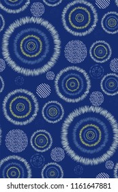 Impressive abstract seamless pattern with circles and dots on blue background. Geometric background with shapes. Minimalistic modern hand-drawn print.