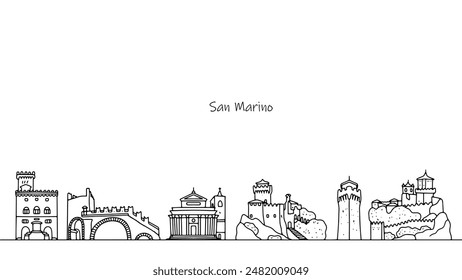 Impresionante arquitectura de las calles de San Marino. Edificios de importancia cultural, histórica y turística. Edificios y estructuras dibujados a mano. Vector.