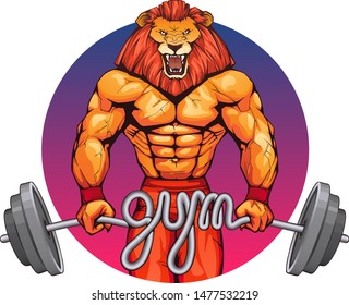 An impressive athlete make a maximal weight single lift of a barbell loaded with weight plates awesome easy. Illustration of bodybuilder strong man with a roaring lion head on a gradient background.