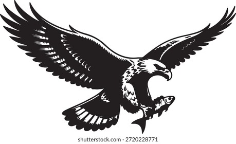 An impressive black and white illustration of an eagle in flight, successfully holding a fish in its sharp talons after a hunt.