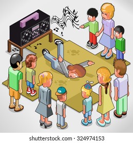 Impressive breakdance performance with thrilled onlookers (isometric illustration)
