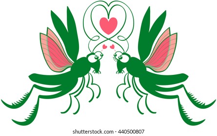 Impressive couple of green grasshoppers jumping and flying, staring at each other, forming a heart with their antennae and showing they feel madly in love