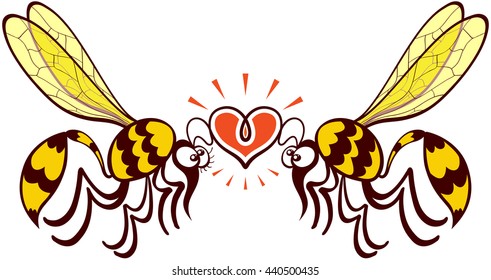 Impressive couple of wasps flying, staring at each other and forming a shiny heart with their antennae