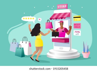 Impressive customer service. Customers rate the store. Women are happy to shop online. Pay by credit card. Good customer service staff on mobile phone. Decorated with mobile phone And shopping bags.