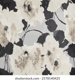 is an impressive design that combines eye-catching floral motifs. Large flowers and leaves in black, gray and beige tones, accompanied by curved branches, create a watercolor look