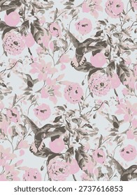  impressive design that combines eye-catching floral motifs. Large flowers and leaves in black, gray and beige tones, accompanied by curved branches, create a watercolor look Seamless watercolor floral trendy chic pattern for surface print. High quality illustration. Luxury sophisticated graphic design. Emotional tender romantic feeling. Paint wash bleeds in paper.