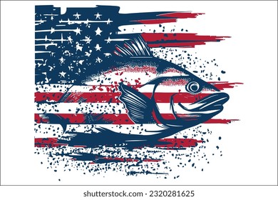 Impressive distressed bass fish blending with the USA flag. Perfect for patriotic designs, commercial use in various projects.
