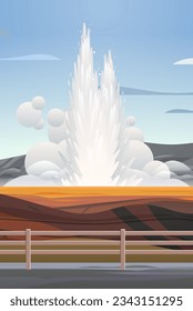 impressive eruption of active geyser hot water steam spraying out from under ground power fountain outdoor