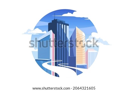 Impressive high skyscraper buildings in downtown vector illustration. New built project, modern exterior flat style. Architecture concept