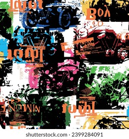 Impressive modern classic car collage seamless pattern,