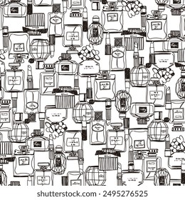 Impressive pattern with perfume bottles in line drawings,