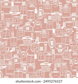 Impressive pattern with perfume bottles in line drawings,