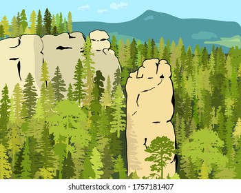 Impressive sandstone rock formation hidden in the woods. Towers
enticing climbers. Vector illustration of beautiful nature of Bohemian Paradise, Czech Republic.