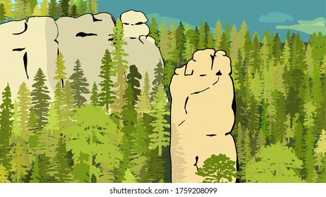 Impressive sandstone rock formation hidden in the woods. Towers
enticing climbers. Vector illustration of beautiful nature of Bohemian Paradise, Czech Republic.