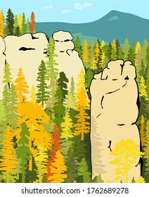 Impressive sandstone rock formation hidden in the autumn woods. Towers enticing climbers. Vector illustration of beautiful nature of Bohemian Paradise, Czech Republic.