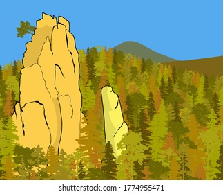Impressive sandstone rock formation hidden in the woods. Towers
enticing climbers. Vector illustration of beautiful nature of Bohemian Paradise, Czech Republic.