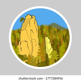 Impressive sandstone rock formation hidden in the woods. Towers
enticing climbers. Vector illustration of beautiful nature of Bohemian Paradise, Czech Republic.