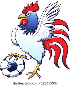 Impressive side view of a brave rooster wearing blue, red and white colors while stepping on a soccer ball, raising its left wing as for greeting, staring at you and posing proudly