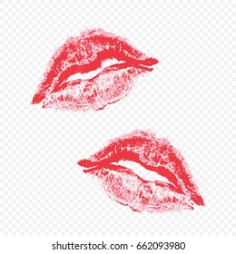Imprint beautiful red lips on transparent background.