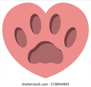 Imprint of a cat's foot on a pot-bellied pink heart. Volumetric concave cat track. The kitten was selling a heart. Vector flat design