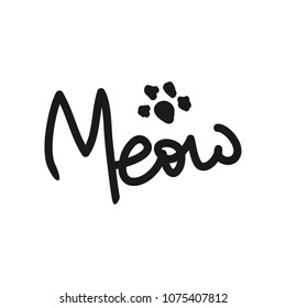 Imprint of cat's paws and handwritten text Meow. Sketch, doodle, scribble. Vector illustration.