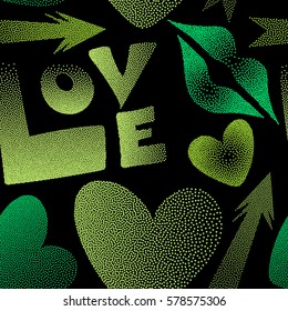 Imprint female a kiss, hearts, arrows on a black background. Hand drawn vector seamless pattern in green colors. Valentine's day theme.