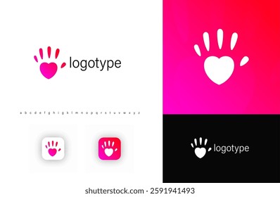 Imprint hand and heart logo symbolizing care, love, and support. Perfect for charity organizations, healthcare, social initiatives, wellness brands. Modern, minimalistic design. Vector logo.