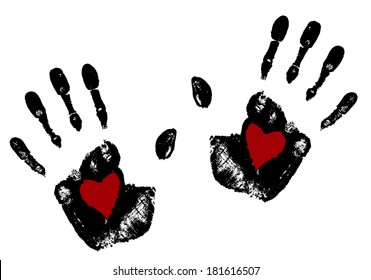 Imprint hands with red heart in the middle of the palm .