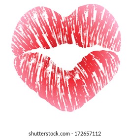 Imprint of heart shaped lips kiss with pink lipstick