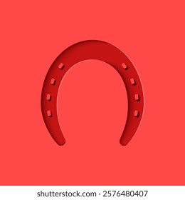 Imprint horseshoe with 3d effect and red paper cut style, symbolizing luck, success, and protection, hoof print isolated on red background, modern artistic vector illustration.