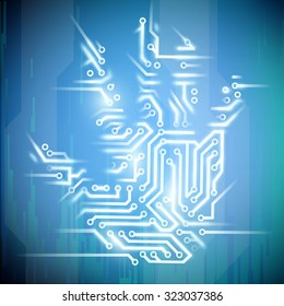 Imprint of a human hand in the form of electrical circuit. Black smoke. Stock vector image.