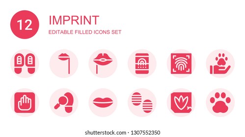 imprint icon set. Collection of 12 filled imprint icons included Footprints, Lips, Fingerprint scan, Vestige, Footprint, Pawprint