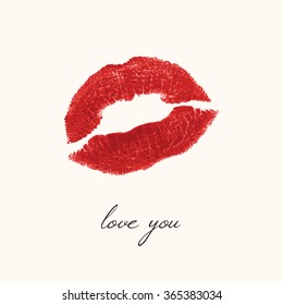 imprint of lips on a white background - a kiss, red lipstick. Vector illustration