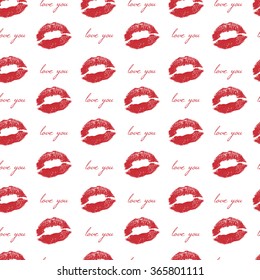 imprint of lips on a white background - a kiss, red lipstick. Vector seamless pattern