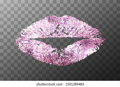 Imprint lips rose gold. Lipstick print isolated on white background. Imprint pomade rose golden. Glittering glamorous imprint for design. Pink lips makeup. Female mouth. Decorative element kiss