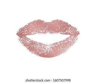 Imprint lips rose gold. Lipstick print isolated on white background. Imprint pomade rose golden. Glittering glamorous imprint for design. Pink lips makeup. Female mouth. Decorative element kiss