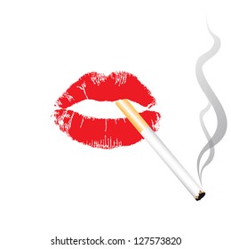 Imprint of  lips that wearing makeup lipstick and a cigarette