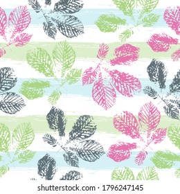 imprint of plant hand painted seamless pattern. cute pattern of beautiful prints of leaves painted watercolor by hand. original creative illustration. floral frame.