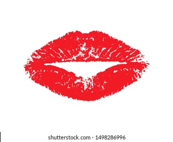 Imprint red lips. Lipstick red print isolated on white background. Imprint pomade. Beautiful kiss for design. Pink lips makeup. Female mouth. Decorative element. Vector illustration 